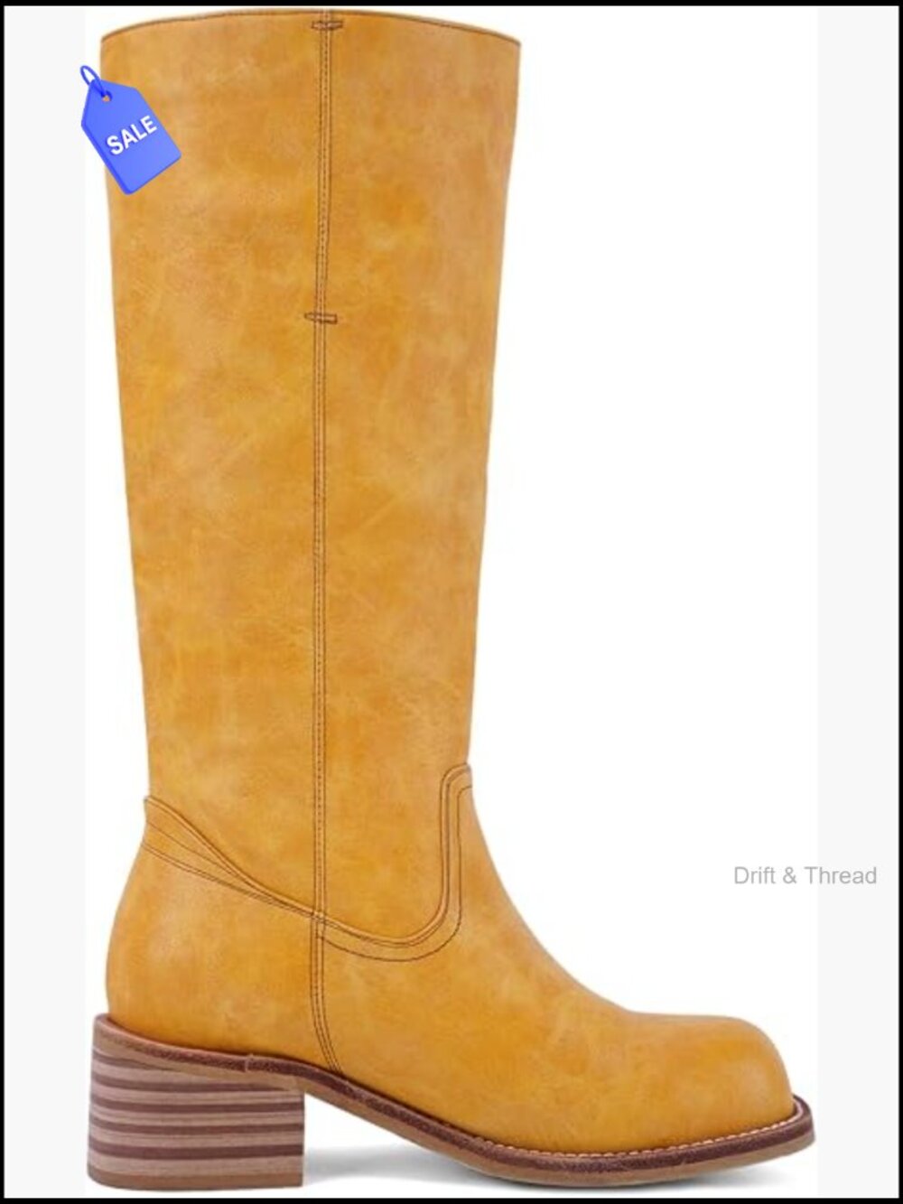 Women's Square Toe Chunky Block Heel Knee High Boots Slip On Low Heel Faux